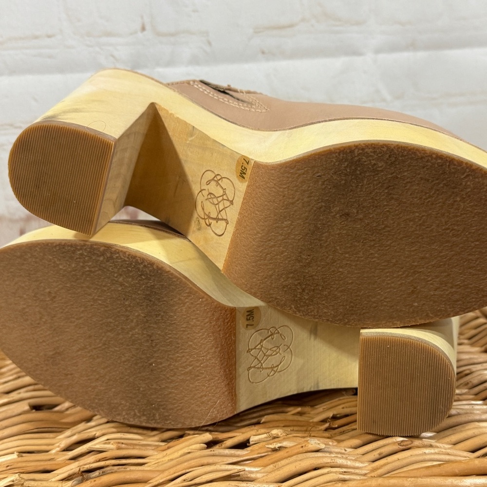 ANTONIO MELANI Kimberly Whitman Beige Tan Leather Wooden Clogs Mules Heels 7.5 - Picture 7 of 12